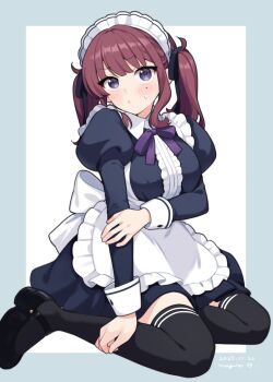 Rule 34 | 1girl, alternate costume, apron, binchou maguro, black dress, black shoes, black thighhighs, blue border, blush, border, bow, bowtie, breasts, center frills, cevio, closed mouth, commentary request, dated, dress, enmaided, frilled apron, frills, full body, highres, juliet sleeves, long hair, long sleeves, looking at viewer, maid, maid headdress, mary janes, mole, mole under eye, natsuki karin, outside border, puffy sleeves, purple bow, purple bowtie, purple eyes, red hair, shoes, signature, simple background, sitting, solo, striped clothes, striped thighhighs, sweatdrop, synthesizer v, thighhighs, twintails, wariza, white apron, white background