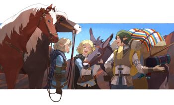 1girl 2boys animal ascot backpack bag beckoning belt belt_pouch black_gloves black_hair black_pants blonde_hair blue_cape blue_eyes blue_jacket blue_sky blue_tunic bob_cut braid bridle brown_gloves cape cargo champion&#039;s_tunic_(zelda) character_request cliff commentary cropped_jacket crown_braid donkey earrings english_commentary fingerless_gloves frown gloves green_hat grey_cape grey_hair hair_ornament hairclip half_updo hand_on_own_hip hands_up hat highres hood hood_down hooded_cape horse jacket jewelry juliet_sleeves layered_sleeves letterboxed link long_sleeves looking_at_another multiple_belts multiple_boys nature nintendo nuzzle one_eye_closed outdoors outside_border outstretched_hand pants parted_bangs pointy_ears ponytail pouch princess_zelda print_cape profile puffy_sleeves reins shirt short_hair sidelocks sky the_legend_of_zelda the_legend_of_zelda:_breath_of_the_wild tunic white_shirt yangyaozigo yellow_ascot
