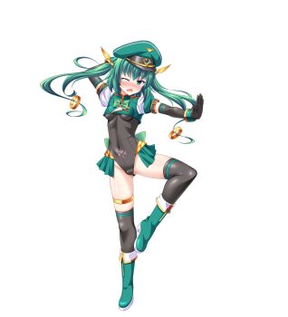 Rule 34 | 1girl, aoi masami, aqua eyes, black gloves, black thighhighs, blush, boots, breasts, covered erect nipples, covered navel, elbow gloves, full body, game cg, gloves, green eyes, green hair, hat, highres, knight lapis, large variant set, leotard, long hair, looking at viewer, magical girl, nina wang rockford, non-web source, official art, one eye closed, open mouth, peaked cap, showgirl skirt, small breasts, solo, standing, standing on one leg, tachi-e, tattoo, thighhighs, transparent background, ts magical girl nao, twintails, variant set