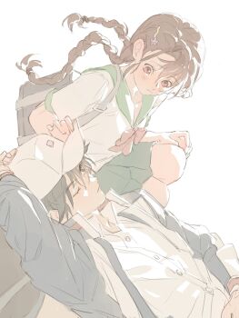 1boy 1girl bag black_hair blush braid braided_twintails brown_eyes brown_hair echizen_ryooma eye_contact floating_hair hashtag-only_commentary hat highres leewind15 looking_at_another lying on_back one_eye_closed ryuuzaki_sakuno school_bag school_uniform short_hair tennis_no_ouji-sama