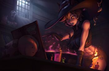 1girl abs absurdres animal_ears book brown_eyes brown_gloves brown_hair brown_shirt candle casting_spell commentary cropped_shirt english_commentary fire glass_bottle gloves highres holding holding_book horse_ears horse_girl indie_virtual_youtuber indoors mr_meepo night shirt short_hair smile standing tomoe_umari virtual_youtuber window witch