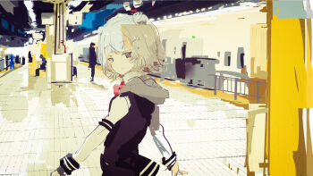 1girl absurdres black_jacket blazer cevio closed_mouth collared_shirt commentary_request double_bun film_grain flipped_hair from_behind grey_eyes grey_hair hair_bun hair_ornament hairclip half-closed_eyes highres indoors jacket jacket_over_hoodie kabuyama_kaigi koharu_rikka long_sleeves looking_at_viewer looking_back multicolored_jacket people pillar railing raised_eyebrows school_uniform shirt short_hair smile solo_focus standing subway subway_station synthesizer_v tile_floor tiles train two-tone_jacket upper_body