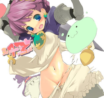 1girl :3 atlus bloomers blue_eyes blush female_focus gradriel gradriel_de_valendia hip_focus lowres midriff navel poring princess_crown purple_hair pussy pussy_peek ragnarok_online slime_(creature) solo surprised torn_clothes uncensored underwear white_bloomers yoshiwo