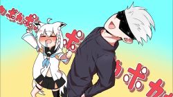 1boy 1girl ahoge animal_ears animated audible_music audible_speech black_jacket black_pants black_shorts black_thighhighs blindfold blue_background blue_neckwear blush braid cellphone closed_eyes cowboy_shot crossover detached_sleeves drooling fox_ears fox_tail from_above gojou_satoru gradient_background hair_between_eyes happy holding holding_phone hololive hood hoodie jacket jujutsu_kaisen long_hair meme midriff open_mouth pants parody phone poka_poka_(meme) punching saliva seigan_subaru seitokai_yakuindomo shirakami_fubuki shirakami_fubuki_(1st_costume) short_hair short_shorts shorts side_braid simple_background single_braid single_thighhigh smartphone sound sound_effects tail taking_picture thigh_strap thighhighs video virtual_youtuber white_hair white_hoodie