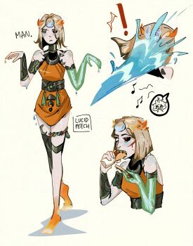 2girls absurdres ancient_greek_clothes asymmetrical_arms black_sclera blood bone colored_sclera dress food glowing_arm greco-roman_clothes green_lips hades_(series) hades_2 highres laurel_crown lucidpeech melinoe_(hades) mismatched_sclera multiple_girls orange_dress see-through_body skeletal_arm water