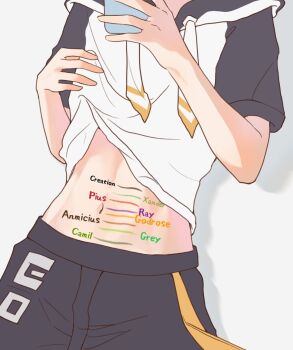 Rule 34 | 1boy, aotu world, black shorts, body writing, cellphone, character name, chinese commentary, clothes lift, dick-o-meter, drawstring, english text, head out of frame, highres, holding, holding phone, hood, hood down, hoodie, hoodie lift, implied yaoi, king (aotu world), laomotoula, length markings, lifting own clothes, male focus, measuring, midriff, multicolored hoodie, navel, pants, penis measuring, phone, shadow, short sleeves, shorts, simple background, smartphone, solo, stomach, white background, white hoodie