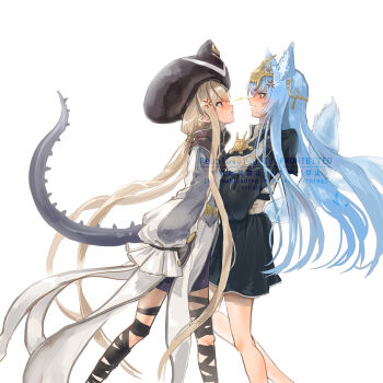 2girls absurdres animal_ear_fluff animal_ears blonde_hair blue_hair breast_press breasts dragon_girl dragon_horns fire_emblem fire_emblem_shadows glaring hair_between_eyes hat hati_(fire_emblem) highres horns iipzeyjhms0dohl lightning_glare long_hair long_sleeves medium_breasts multiple_girls nintendo pointy_ears pout red_eyes shea_(fire_emblem) sidelocks small_breasts tail very_long_hair wolf_girl wolf_tail