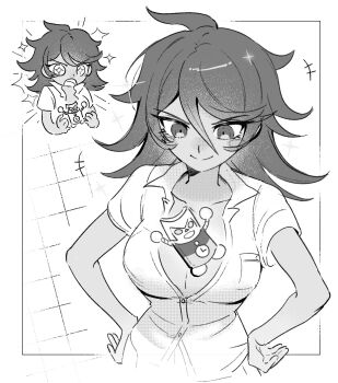 +++ +_+ 1girl abu_(songbu_) breast_pocket breasts cleavage closed_mouth collarbone collared_shirt danganronpa_(series) danganronpa_2:_goodbye_despair dark-skinned_female dark_skin eyelashes greyscale hair_between_eyes hands_on_own_hips highres large_breasts medium_hair monochrome multiple_views nidai_nekomaru open_mouth owari_akane pocket robot shirt short_sleeves smile sparkle split_mouth v-shaped_eyebrows