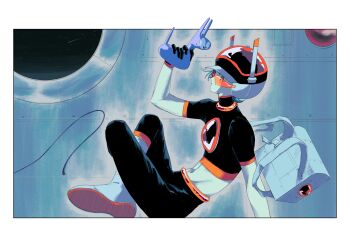 Rule 34 | 1980s (style), 1boy, :o, absurdres, alien, arm up, backpack, bag, black gloves, black pants, black shirt, blue bag, blue hair, blue shoes, blue skin, border, cable, capri pants, colored skin, commentary request, crop top, faux retro artstyle, floating, from side, gloves, groin, helmet, highres, holding, indian style, indoors, looking ahead, male focus, midriff, navel, official art, oldschool, omitatamio, open mouth, orange-tinted eyewear, orange trim, original, outside border, pants, retro artstyle, safety glasses, science fiction, shirt, shoes, shooting star, short hair, sitting, solo, space, star (sky), sweatdrop, tinted eyewear, turtleneck, white border, white eyes, window