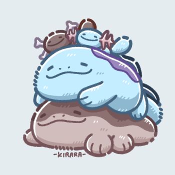 clodsire closed_eyes closed_mouth commentary_request gen_2_pokemon happy kirara_(kirara-cecilvenes) lying nintendo no_humans on_stomach paldean_wooper pokemon pokemon_(creature) quagsire simple_background smile stack wooper