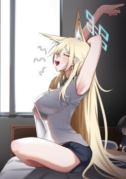1girl absurdres animal_ears black_shorts blonde_hair blue_archive blue_halo breasts closed_eyes commentary commentary_request dog_ears dog_girl english_commentary halo highres kanna_(blue_archive) large_breasts long_hair mixed-language_commentary on_bed open_mouth see-through_clothes sharp_teeth shirokami_da shirt shorts solo stretching teeth very_long_hair waking_up white_shirt yawning