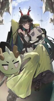 Rule 34 | 1girl, absurdres, arknights, arknights: endfield, armpit crease, bare shoulders, belt, black belt, black gloves, black hair, black shoes, blue sky, blunt bangs, breasts, brown eyes, chair, collared dress, commentary, detached sleeves, dragon bean (arknights), dragon girl, dragon horns, dress, eastern dragon horns, full body, gloves, gradient clothes, gradient dress, green dress, green pants, hair intakes, hair ornament, highres, holding, holding stuffed toy, horns, indoors, jewelry, knee up, large breasts, light blush, light smile, long hair, long sidelocks, long sleeves, multiple rings, on chair, pants, pointy ears, red hair, red horns, ring, sasa (sasa ekakiman), shoes, sidelocks, sky, sleeveless, sleeveless dress, solo, stuffed animal, stuffed toy, very long hair, white dress, zhuang fangyi (arknights)