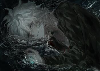 1boy absurdres closed_mouth danganronpa_(series) danganronpa_2:_goodbye_despair dark green_jacket grey_eyes hand_up highres holding jacket kashiba_(iiiiii_kasba) komaeda_nagito long_sleeves lying male_focus on_side open_clothes open_jacket rain shirt short_hair solo water wet white_hair white_shirt