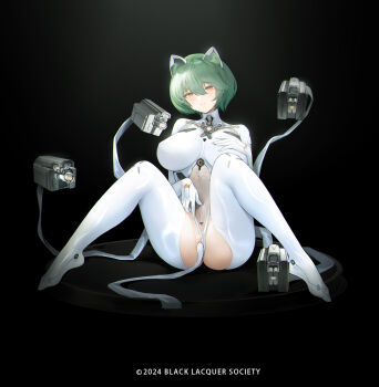 1girl absurdres admiral_nakhimov_(azur_lane) animal_ears azur_lane battery_indicator black_background blackcat_enjia blush bodysuit bodysuit_aside breasts breasts_apart cat_ears chromatic_aberration clothing_aside clothing_cutout commentary copyright_notice crotch_cutout crotchless crotchless_bodysuit fake_animal_ears floating floating_object floating_weapon full_body furrowed_brow gloves green_hair hair_between_eyes hand_on_own_chest highres impossible_bodysuit impossible_clothes large_breasts looking_at_viewer m_legs mechanical_ears object_insertion parted_lips pussy raised_eyebrows short_hair simple_background sitting solo spread_legs turtleneck turtleneck_bodysuit uncensored vaginal vaginal_object_insertion white_bodysuit white_gloves yellow_eyes