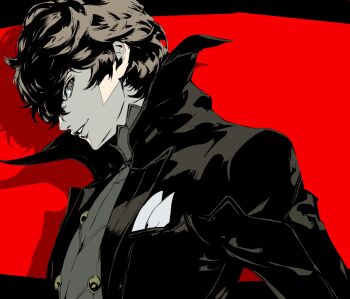 Rule 34 | 1boy, amamiya ren, breast pocket, coat, commentary, english commentary, from side, high collar, highres, joker (persona 5), male focus, mystical high collar, nika dudi, open clothes, open coat, parted bangs, parted lips, persona, persona 5, pocket, profile, shirt, short hair, sideways glance, smile, soejima shigenori (style), spot color, wavy hair