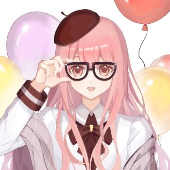 Rule 34 | 1girl, adjusting eyewear, artist request, balloon, beret, black-framed eyewear, bow, bowtie, brown bow, brown bowtie, brown eyes, brown hat, chinese commentary, collared shirt, commentary request, dot nose, glasses, grey shawl, happy, hat, highres, light blush, long hair, long sidelocks, long sleeves, miracle nikki, nikki (nikki), nikki (series), open mouth, pink hair, second-party source, shawl, shirt, sidelocks, sleeve cuffs, smile, solo, striped clothes, upper body, vertical-striped clothes, very long hair, white background, white shirt, youth poem (miracle nikki)