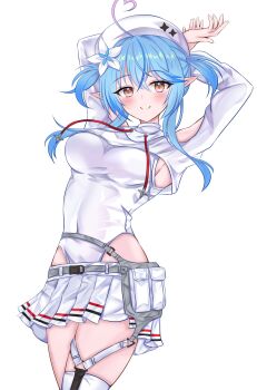 Rule 34 | ahoge, arlonn, breasts, cargo pants, clothing cutout, colored tips, cosplay, double side ponytail, elf, heart, heart ahoge, highres, holofive, hololive, hololive dev is, large breasts, leotard, leotard under clothes, multicolored hair, pants, pointy ears, regloss (hololive), shoulder cutout, streaked hair, todoroki hajime, todoroki hajime (cosplay), todoroki hajime (regloss uniform), virtual youtuber, white leotard, yukihana lamy