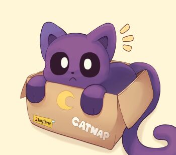 :&lt; absurdres animal_ears animal_hands animal_nose black_eyes box cardboard cat cat_ears cat_paws catnap_(poppy_playtime) company_name crescent highres moon poppy_playtime purple_cat purple_tail rapiket