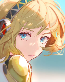 1girl absurdres aigis_(persona) android blonde_hair blue_eyes blurry blurry_background close-up closed_mouth commentary from_behind gold_hairband hairband highres joints looking_back medium_hair messy_hair omegarer persona persona_3 portrait robot_ears robot_joints solo