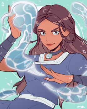 1girl arm_wrap avatar:_the_last_airbender avatar_legends beads belt blue_background blue_choker blue_dress blue_eyes braid brown_hair choker dark-skinned_female dark_skin dress element_bending hair_beads hair_ornament highres hydrokinesis katara pichichustudio water white_belt