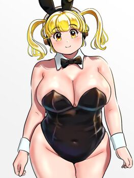 animal_ears black_bow black_bowtie black_leotard blonde_hair blush bow bowtie breasts cleavage closed_mouth commentary_request covered_navel cowboy_shot detached_collar fake_animal_ears headphones kenken28937178 leotard nitroplus plump simple_background super_pochaco tareme thick_thighs thighs twintails white_background yellow_eyes