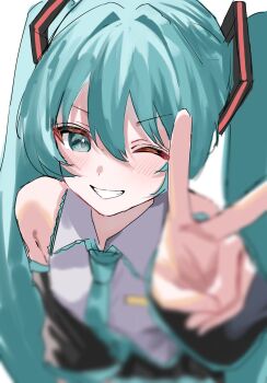 1girl aqua_eyes aqua_hair aqua_necktie aqua_trim black_sleeves blurry blurry_foreground blush breast_pocket breasts collared_shirt commentary_request depth_of_field detached_sleeves dot_nose grey_shirt grin hair_between_eyes hair_ornament hatsune_miku highres leaning_forward long_hair looking_at_viewer mamekiti_k necktie one_eye_closed pocket pov shirt sidelocks simple_background skirt sleeveless sleeveless_shirt small_breasts smile solo teeth twintails upper_body v very_long_hair vocaloid white_background wide_sleeves