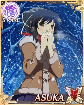 1girl asuka_(senran_kagura) bare_tree blue_skirt border breasts breathing_on_hands brown_coat brown_eyes brown_hair card_(medium) character_name coat cold facing_to_the_side fur-trimmed_coat fur_trim game_cg hair_ribbon large_breasts long_hair night official_art pleated_skirt ponytail red_scarf ribbon scarf senran_kagura senran_kagura_new_wave short_ponytail skirt snowing solo third-party_source tree visible_air white_ribbon
