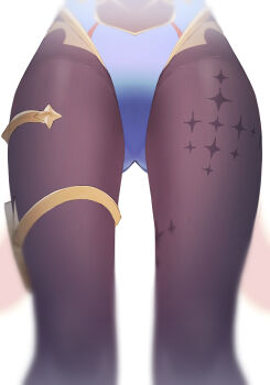 Rule 34 | 1girl, 9nojo, bad id, bad pixiv id, black pantyhose, blue leotard, close-up, from below, genshin impact, gluteal fold, head out of frame, highleg, highleg leotard, highres, legs, leotard, lower body, mona (genshin impact), pantyhose, simple background, solo, standing, thigh gap, thigh strap, view between legs, white background