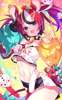 1girl :d absurdres animal_ears black_collar black_gloves black_hair blue_eyes breasts cawang cleavage collar commentary_request dice dice_hair_ornament gloves hair_between_eyes hair_ornament hakos_baelz highres hololive hololive_english looking_at_viewer medium_breasts midriff mouse_ears mouse_girl mouse_tail navel open_mouth red_hair single_glove smile solo spiked_collar spikes tail thighs virtual_youtuber w white_hair