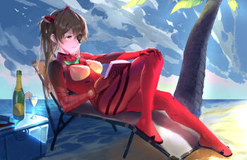 1girl absurdres alternate_eye_color beach blue_sky bodysuit book breasts cloud cloudy_sky commentary english_commentary eyepatch full_body glass highres holding holding_book ice ice_cube k&amp;f_(user_pcyv3738) lemonade long_hair mecha_pilot_suit medium_breasts neon_genesis_evangelion orange_eyes orange_hair plugsuit_(evangelion) reading red_bodysuit sitting sky solo souryuu_asuka_langley twintails
