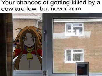 1girl animal_ears breasts brown_hair choker cleavage cow_ears cow_girl cow_horns cowbell eyes_visible_through_hair graph_(graphiteknight) hair_intakes highres horns huge_breasts looking_at_viewer mattie_(ego_trigger) meme red_eyes scary_face window