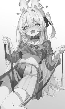 @_@ absurdres animal_collar animal_ears blue_archive blush bow bra collar crop_top crop_top_overhang cropped_shirt double-parted_bangs feet_out_of_frame from_behind greyscale hair_between_eyes hair_bow halo highres kerno long_bangs long_hair long_sleeves looking_at_viewer looking_down miyako_(blue_archive) monochrome navel neckerchief nose_blush one_side_up open_clothes open_fly open_mouth open_skirt panties panty_peek pleated_skirt rabbit_ears raised_inner_eyebrows sailor_collar skirt standing stomach underwear very_long_hair wavy_mouth