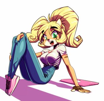 1girl blonde_hair breasts coco_bandicoot computer crash_bandicoot_(series) denim fingerless_gloves furry gloves groove1121 happy jeans laptop long_hair open_mouth original pants smile