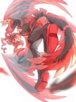 Rule 34 | 1girl, ahoge, black boots, black shirt, black skirt, boots, commentary request, detached sleeves, drill hair, feathers, floating hair, flying, highres, kasane teto, kasane teto (utau), kemonomimi mode, long hair, looking at viewer, looking down, open mouth, qiukui, red eyes, red hair, shirt, skirt, solo, tail, thigh boots, twin drills, utau, wings