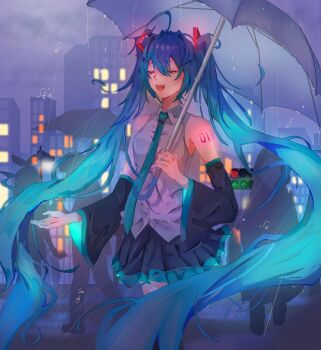 1girl 3others :d absurdres aqua_necktie aqua_trim arm_tattoo armpit_crease bare_shoulders beamed_eighth_notes black_skirt black_sleeves blue_hair breasts chinese_commentary city closed_eyes cloud cloudy_sky collared_shirt commentary_request day detached_sleeves double-parted_bangs floating_hair glowing glowing_hair hair_between_eyes hair_ornament hatsune_miku highres holding holding_umbrella hui_zhai_niao long_hair long_sleeves messy_hair miniskirt multiple_others music musical_note necktie number_tattoo open_mouth outdoors people pleated_skirt rain raised_eyebrows shirt singing sixteenth_note skirt skirt_set sky sleeveless sleeveless_shirt small_breasts smile solo_focus standing tattoo teeth tongue twintails umbrella upper_teeth_only very_long_hair vocaloid water_drop white_shirt white_umbrella wide_sleeves