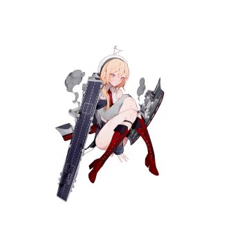 arms_between_legs artist_request blue_sailor_collar blush boots brown_hair dress flight_deck grey_dress highres knees_together_feet_apart long_hair long_sleeves looking_at_viewer official_art panties pink_panties ponytail purple_eyes red_boots rigging rudder_footwear sailor_collar san_jacinto_(warship_girls_r) torn_clothes torn_dress transparent_background underwear warship_girls_r