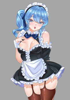 1girl alternate_costume black_dress blue_eyes blue_hair blue_ribbon breasts brown_thighhighs cleavage closed_mouth commentary_request dress grey_background hair_ribbon hand_on_own_chest highres hololive hoshimachi_suisei looking_at_viewer maid maid_headdress one_side_up ribbon rorol_reime smile solo star_(symbol) star_in_eye symbol_in_eye thighhighs tongue tongue_out virtual_youtuber zettai_ryouiki