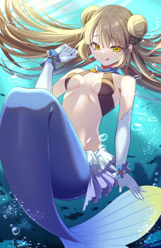 1girl blonde_hair braid breasts bubble cephalopod_eyes collar commentary_request double_bun elbow_gloves gills gloves hair_bun half_up_braid half_updo highres jewelry long_hair mermaid monster_girl original pendant ribbon ryofuhiko skirt small_breasts smile solo swimsuit tongue tongue_out underwater white_gloves wrist_ribbon yellow_eyes