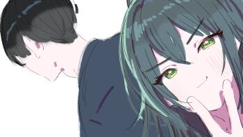 1boy 1girl absurdres black_hair blush commentary_request gakuen_idolmaster green_eyes green_hair highres idolmaster kasasagi_(futagodori888) looking_at_viewer partial_commentary producer_(idolmaster) selfie simple_background smile tsukimura_temari v white_background