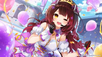 Rule 34 | 1girl, ;d, absurdres, balloon, blue sky, bow, bowtie, breasts, brown hair, center-flap bangs, cleavage, cloud, commentary request, concert, confetti, copyright name, corset, day, detached collar, detached sleeves, dress, gold tiara, gradient hair, hair ornament, hands up, headgear, headset, highres, hololive, hololive dreams, large breasts, long hair, looking at viewer, mechanical hands, multicolored hair, official alternate costume, official art, one eye closed, open mouth, outdoors, puffy detached sleeves, puffy short sleeves, puffy sleeves, purple bow, purple bowtie, red hair, roboco-san, short sleeves, sky, sleeveless, sleeveless dress, smile, solo, star (symbol), star hair ornament, tiara, virtual youtuber, white corset, white dress, wrist cuffs, yellow eyes