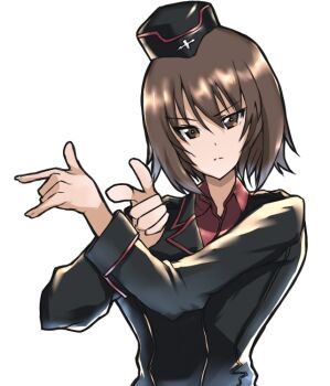 Rule 34 | 1girl, \m/, bishoujo senshi sailor moon, black hat, breasts, brown eyes, brown hair, closed mouth, cross, garrison cap, girls und panzer, hat, jacket, kuromorimine military uniform, liberty (rirodorirait), long sleeves, looking at viewer, military, military uniform, nishizumi maho, parody, pointing, pointing at viewer, red shirt, sailor moon, sailor moon pose, shirt, short hair, simple background, solo, standing, tsuki ni kawatte oshioki yo, white background