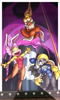 2022 3girls absurdres animal_ears artist_name axe battle_axe bdsm bit_gag black_pantyhose blonde_hair blue_eyes blue_eyeshadow blue_leotard blush bondage border bound bow bracelet breasts breasts_out brown_hair brown_pantyhose brown_rope bunny_ear cameltoe carrot cleavage collar covered_navel ear_piercing earrings evil_grin evil_smile eyeliner eyeshadow fake_animal_ears female_focus gag gagged grin hair_bow hair_collar hariet_(mario) head_bow high_heels highres humiliation jewelry leotard lipstick lizard_tail long_hair lower_teeth_only makeup mario_(series) medium_breasts medium_hair multiple_girls bowtie nintendo nipples pantyhose piercing pink_footwear pink_lips playboy_bunny poison ponytail pot princess_daisy purple_background rabbit_tail red_eyes red_footwear red_leotard reptile_girl rope scared sharp_teeth shaxbert shell shiny_clothes shiny_skin smile spiked_collar spiked_shell spikes stage super_mario_bros._3 super_mario_land super_mario_odyssey tail teeth thick_thighs thighs tiara upper_teeth_only upside-down very_long_hair weapon wendy_o._koopa white_border white_lips yellow_leotard