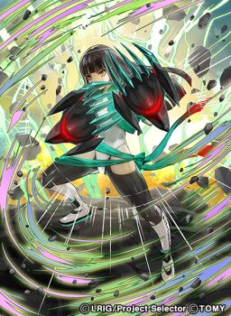 1girl black_hair black_thighhighs claw_(weapon) closed_mouth copyright_notice long_hair looking_at_viewer moreshan official_art shirt shoes solo thighhighs weapon white_shirt white_shoes wixoss yellow_eyes yuzuki_(wixoss)