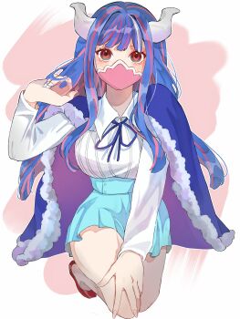 1girl blue_cape blue_hair blue_skirt blunt_bangs cape collared_shirt commentary_request full_body hand_in_own_hair highres horns long_hair long_sleeves mask mouth_mask neck_ribbon one_piece pink_eyes pink_hair red_shoes ribbon shirt shirt_tucked_in shoes skirt solo u_mi031 ulti_(one_piece) white_horns white_shirt