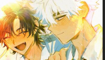 2boys :d black_hair blue_eyes blush cheng_xiaoshi closed_eyes closed_mouth collared_shirt fang hair_between_eyes hand_on_another&#039;s_shoulder happy hot justjust_monika looking_at_another lu_guang male_focus multiple_boys open_mouth ponytail portrait shiguang_dailiren shirt short_hair short_ponytail smile sunlight sweat wet white_background white_hair white_shirt yaoi