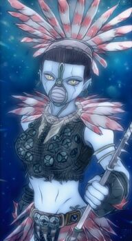 1girl black_panther:_wakanda_forever black_panther:wakanda_forever black_panther_(series) blue_skin breasts colored_skin highres marvel marvel medium_breasts namora namora_(marvel) panther sheepblack11 tribal underwater wakanda warrior water yellow_eyes