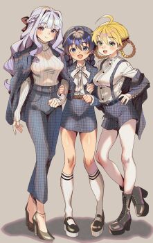 3girls ahoge anjerain antenna_hair blonde_hair blue_eyes blue_hair braid breasts formal_clothes ganaha_hibiki green_eyes grey_hair hair_rings half_up_braid high_heels highres hoshii_miki idolmaster jacket long_hair looking_at_viewer multiple_girls platform_heels platform_shoes red_eyes shijou_takane shirt shorts skirt socks suit sweater twin_braids white_shirt white_socks white_sweater