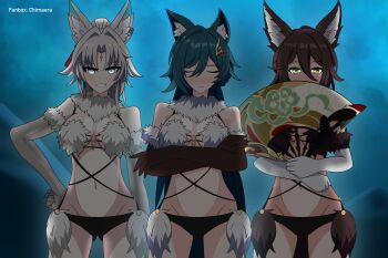 3girls absurdres animal_ears blue_eyes blush brown_hair chimaera_scre cosplay feixiao_(honkai:_star_rail) fox fox_ears fox_girl gloves green_eyes green_hair hair_ornament hand_fan highres holding holding_fan honkai:_star_rail honkai_(series) long_hair looking_at_viewer mash_kyrielight mash_kyrielight_(dangerous_beast) mash_kyrielight_(dangerous_beast)_(cosplay) multiple_girls navel tingyun_(honkai:_star_rail) underwear white_hair yukong_(honkai:_star_rail)