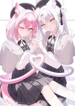 Rule 34 | 2girls, absurdres, ahoge, animal ear fluff, animal ears, black bow, black bowtie, black skirt, blush, bow, bowtie, breasts, buttons, capelet, cat ears, cat girl, cat tail, commentary request, double-breasted, heart, heart tail, highres, holding hands, long hair, long sleeves, looking at viewer, lows., multiple girls, one eye closed, original, pink eyes, pink hair, pink nails, plaid clothes, plaid vest, pleated skirt, ponytail, puffy sleeves, roa (lows.), ruka (lows.), school uniform, shirt, skirt, small breasts, tail, twintails, very long hair, vest, white hair, white shirt, yellow eyes