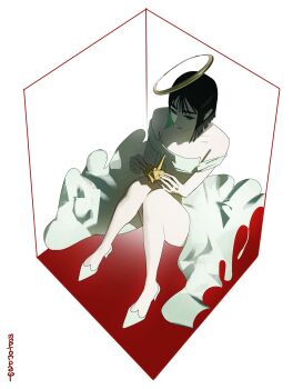 2girls alien_stage alternate_costume black_hair bob_cut box dress halo hashtag-only_commentary high_heels highres holding in_box in_container knees_up martographic multiple_girls off-shoulder_dress off_shoulder origami paper_crane shoes signature sitting solo sua_(alien_stage) white_dress white_shoes